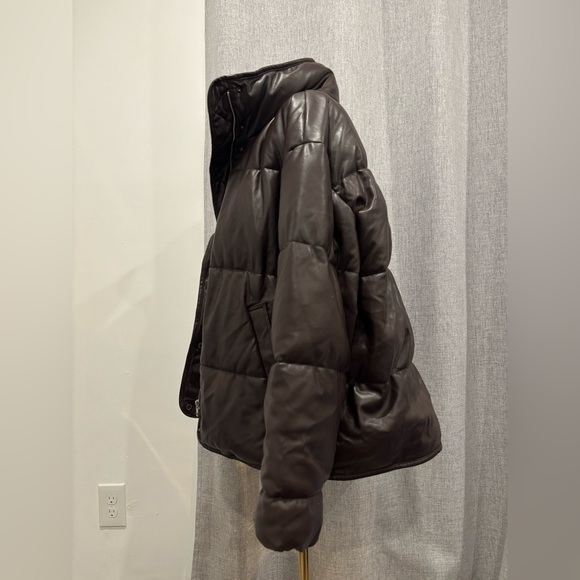Zara Blogger Chocolate Brown Faux Leather Puffer Jacket Size L - Picture 4 of 17